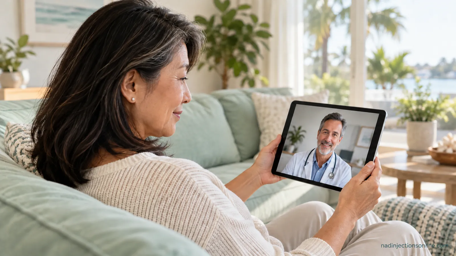 Woman on a tablet video check-in with a physician at home