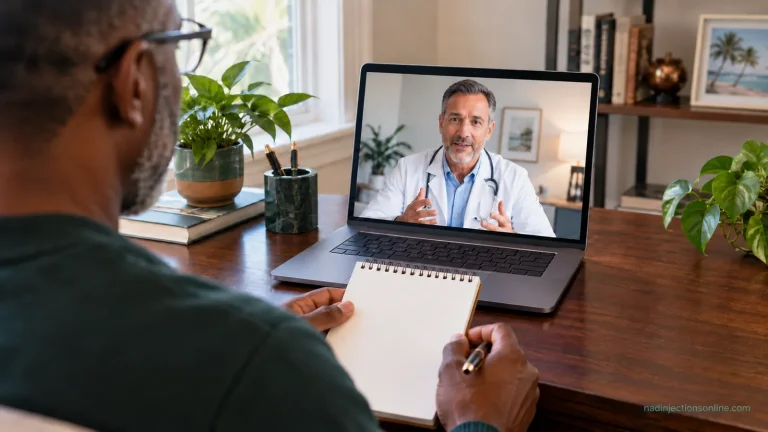 A physician on a laptop screen with hands holding a blank notepad.