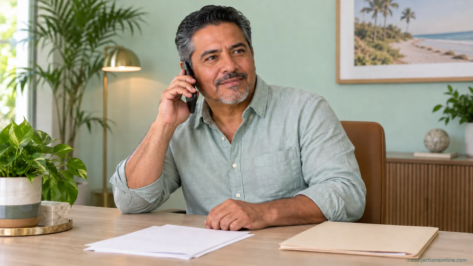 Adult on a phone call at a desk at home