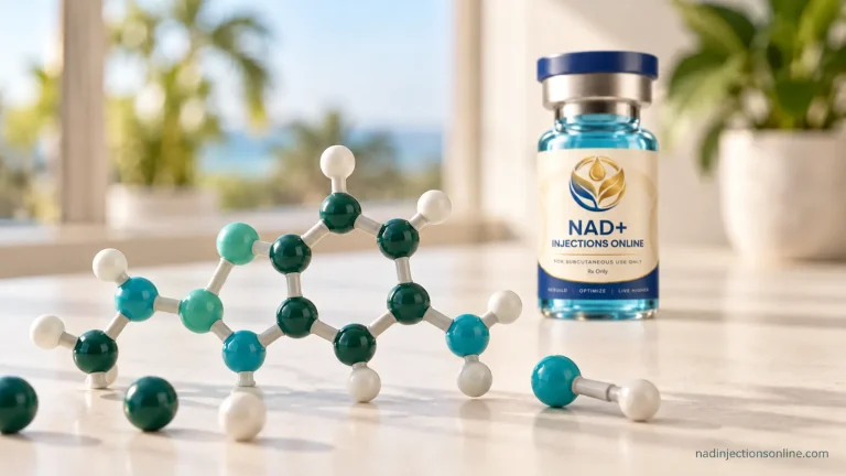 Ball-and-stick molecular model pieces with a vial in the background.