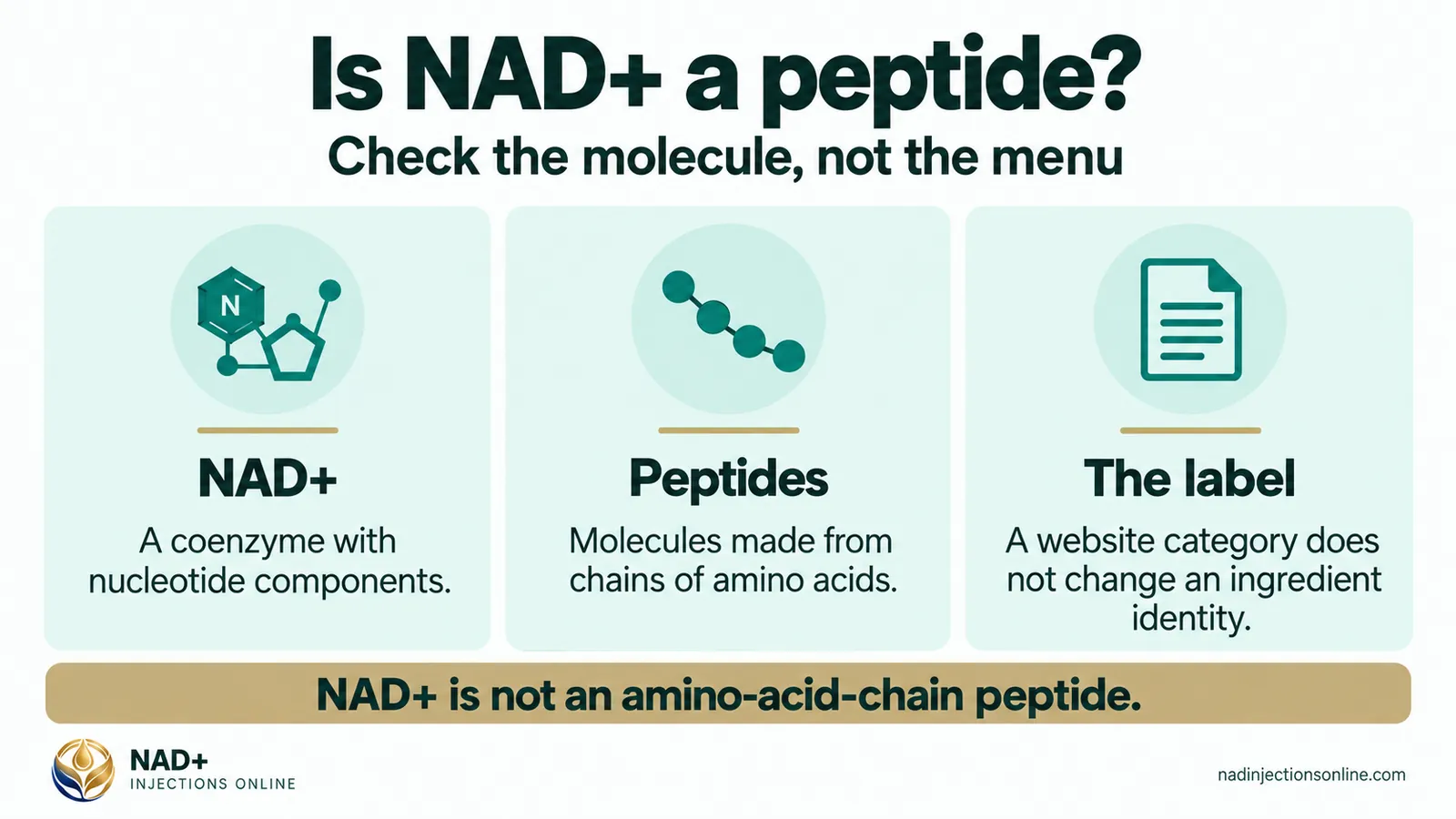Is NAD+ a peptide? (infographic): NAD+, peptides and the label.