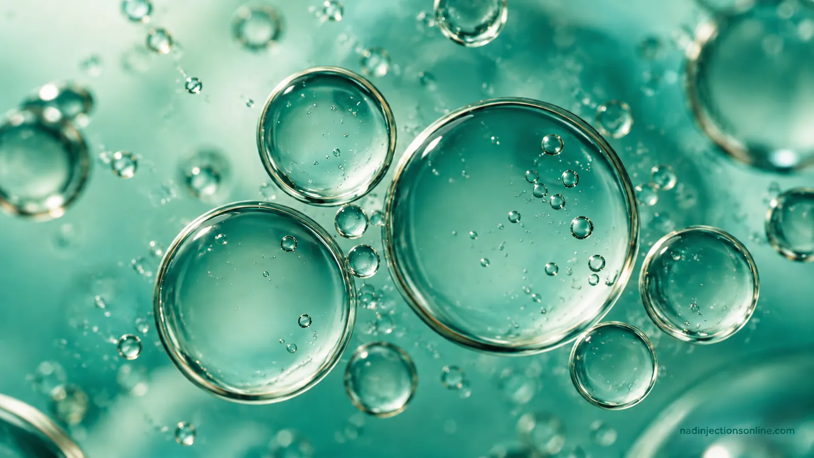 Glossy oil droplets in teal-tinted water.