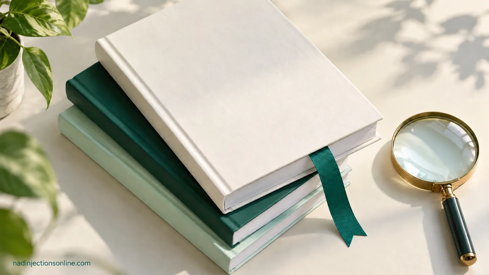 A stack of journals and a magnifying glass with a teal bookmark.