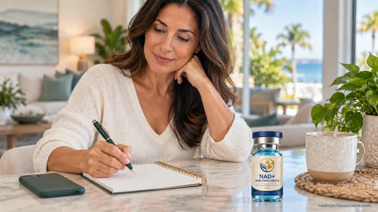 An adult notes something in a notebook with a phone and vial on the table.