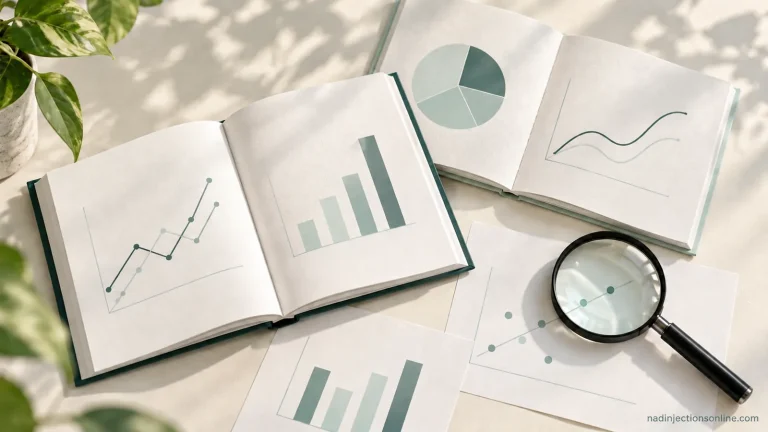Open journals and charts beneath a reading lens.
