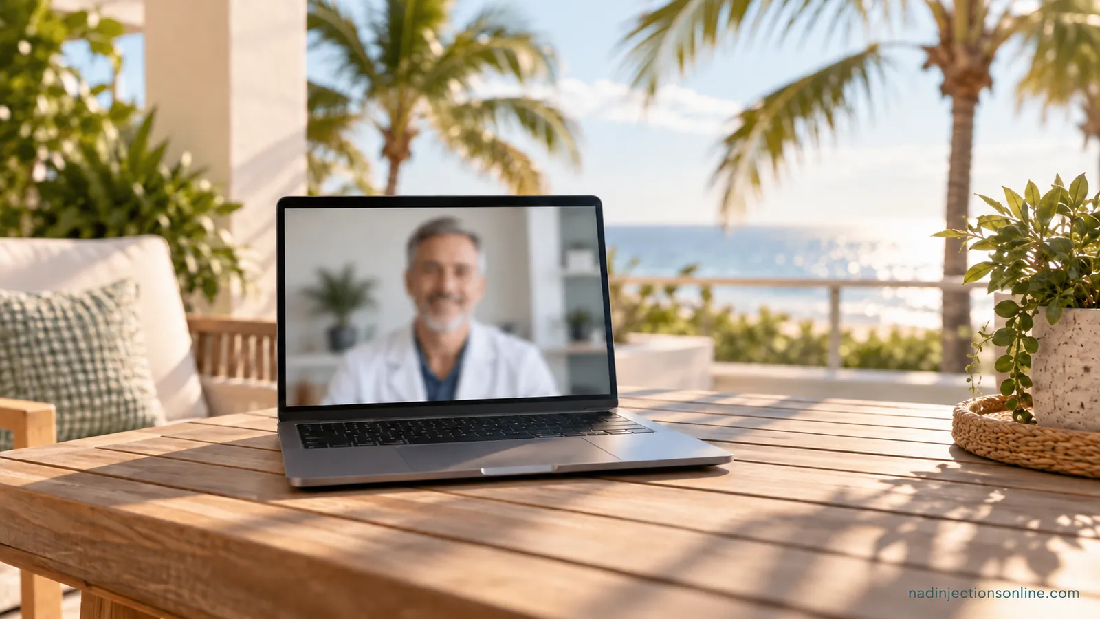 A laptop video call on a patio table with palms in the background.