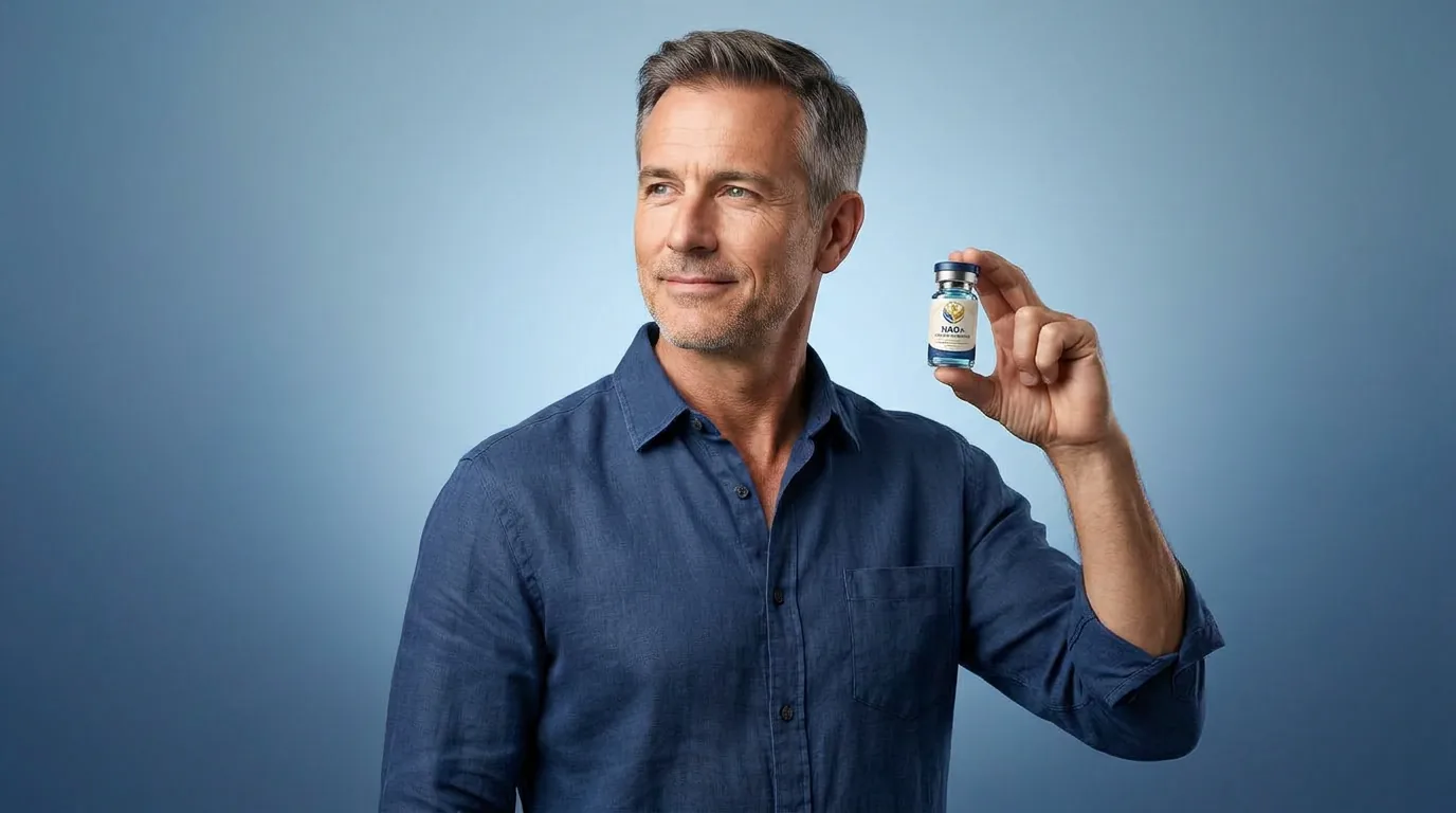 Man holding a vial of injectable NAD+ against a blue studio backdrop