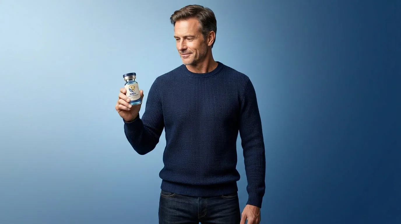 Man holding a vial of injectable NAD+ against a blue studio backdrop