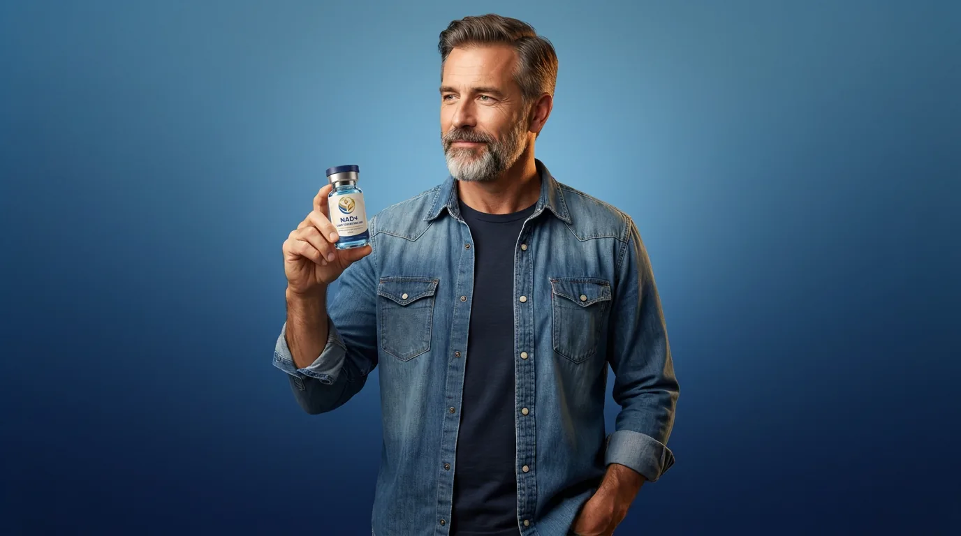 Man holding a vial of injectable NAD+ against a blue studio backdrop