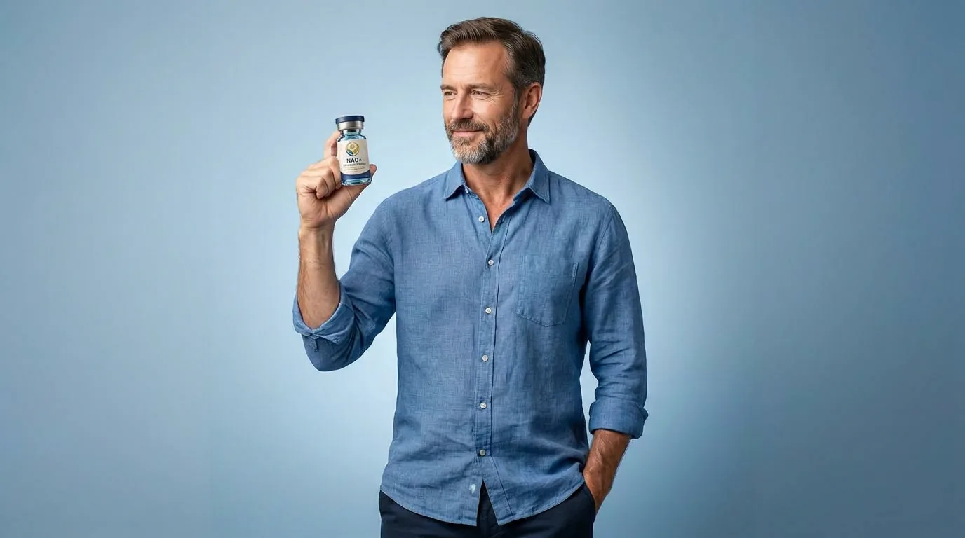 Man holding a vial of injectable NAD+ against a blue studio backdrop