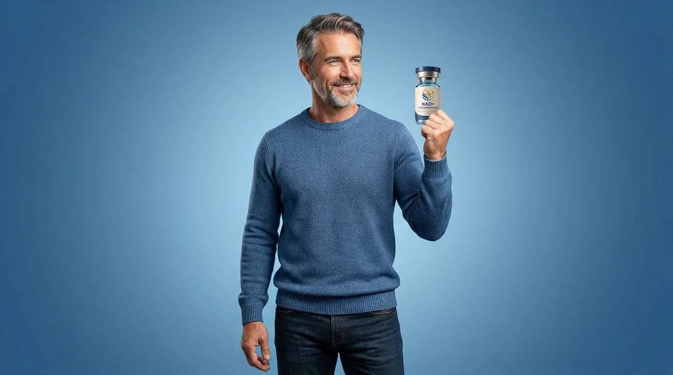 Man holding a vial of injectable NAD+ against a blue studio backdrop