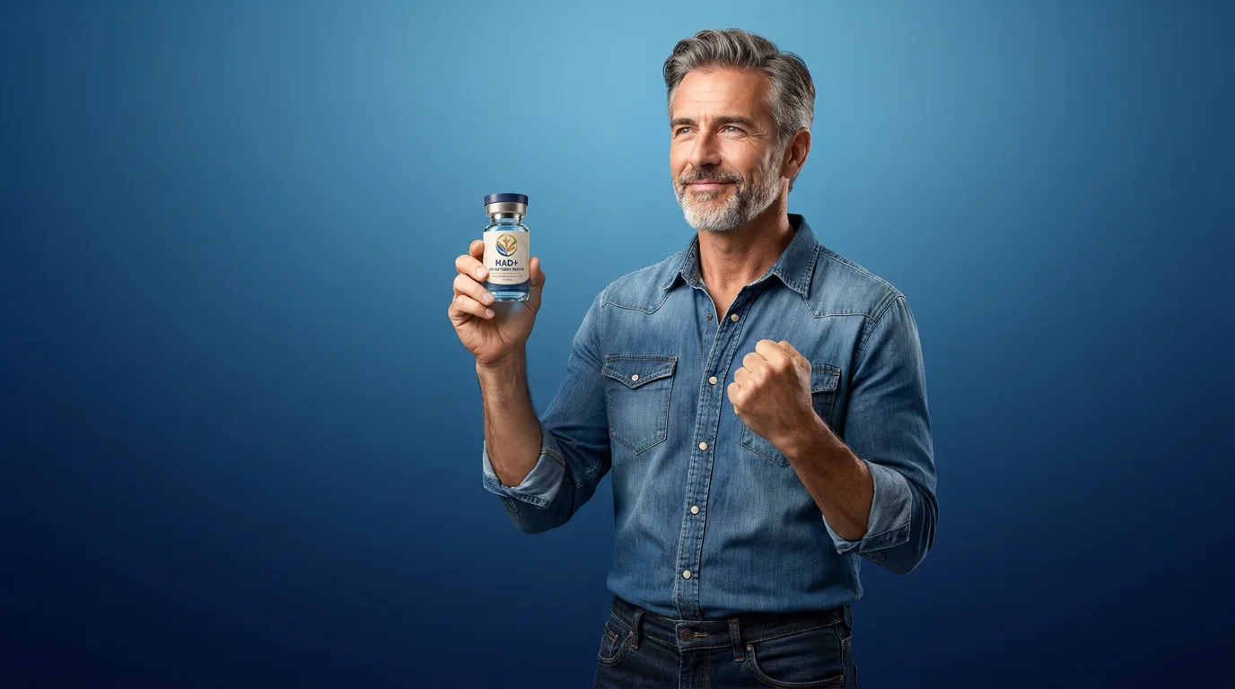 Man holding a vial of injectable NAD+ against a blue studio backdrop