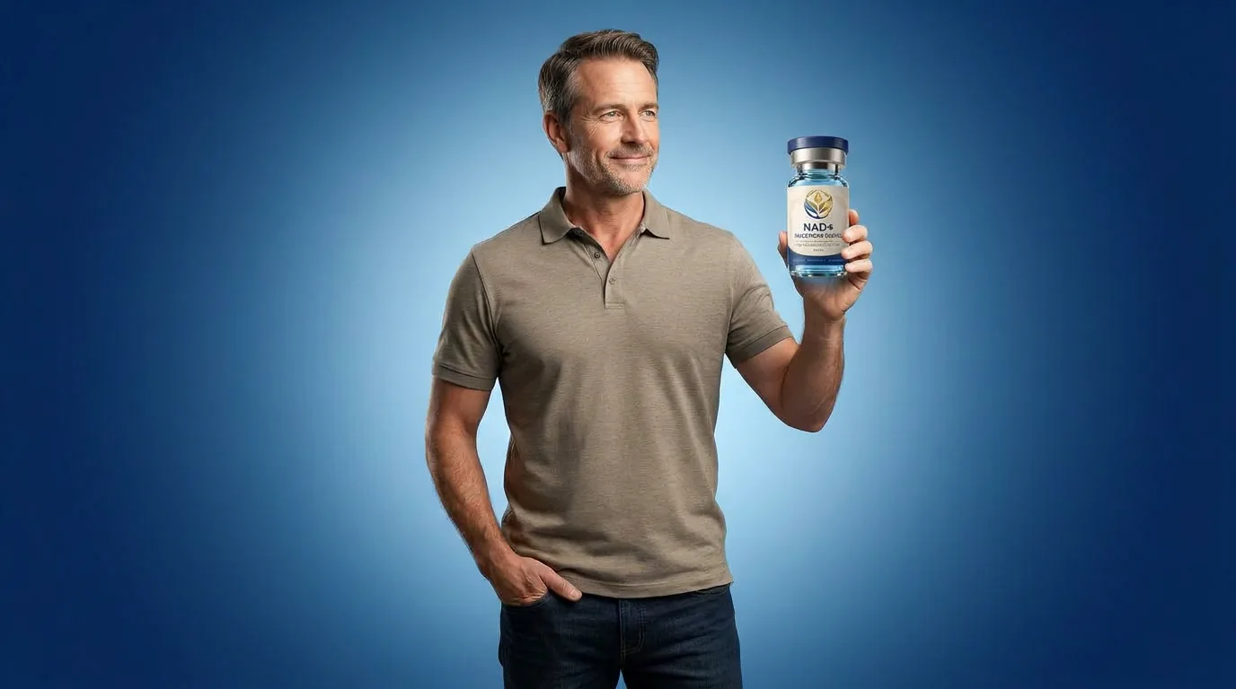 Man holding a vial of injectable NAD+ against a blue studio backdrop