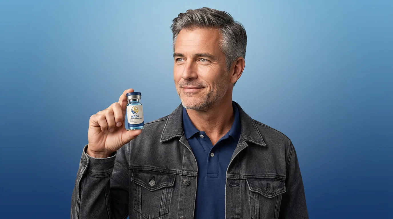 Man holding a vial of injectable NAD+ against a blue studio backdrop