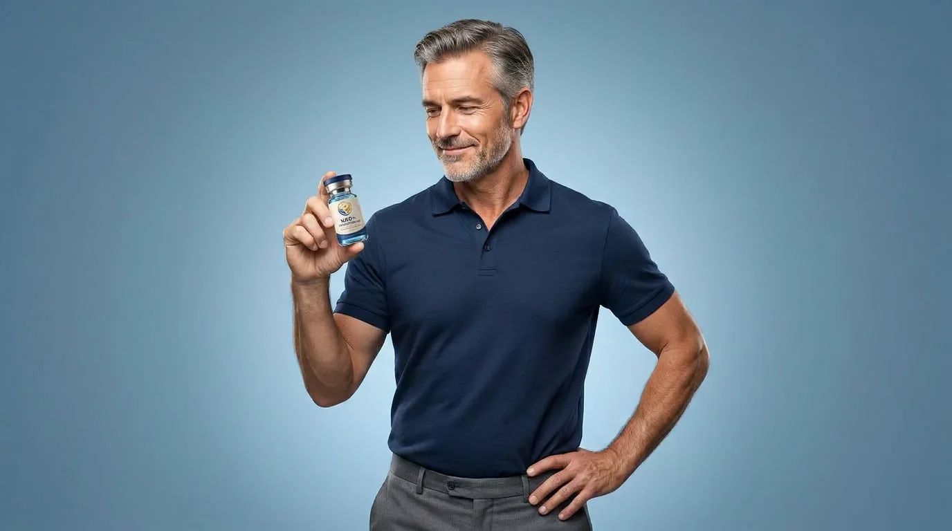 Man holding a vial of injectable NAD+ against a blue studio backdrop