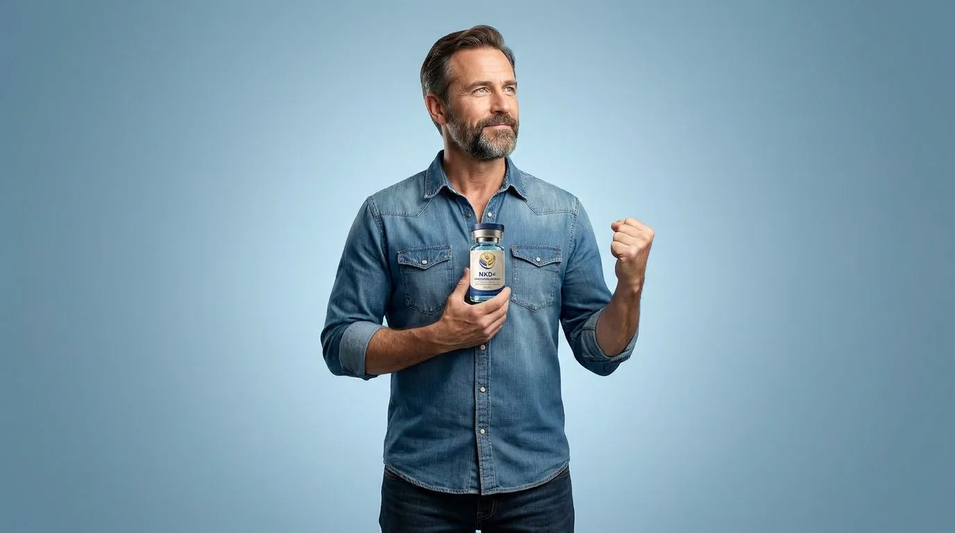 Man holding a vial of injectable NAD+ against a blue studio backdrop