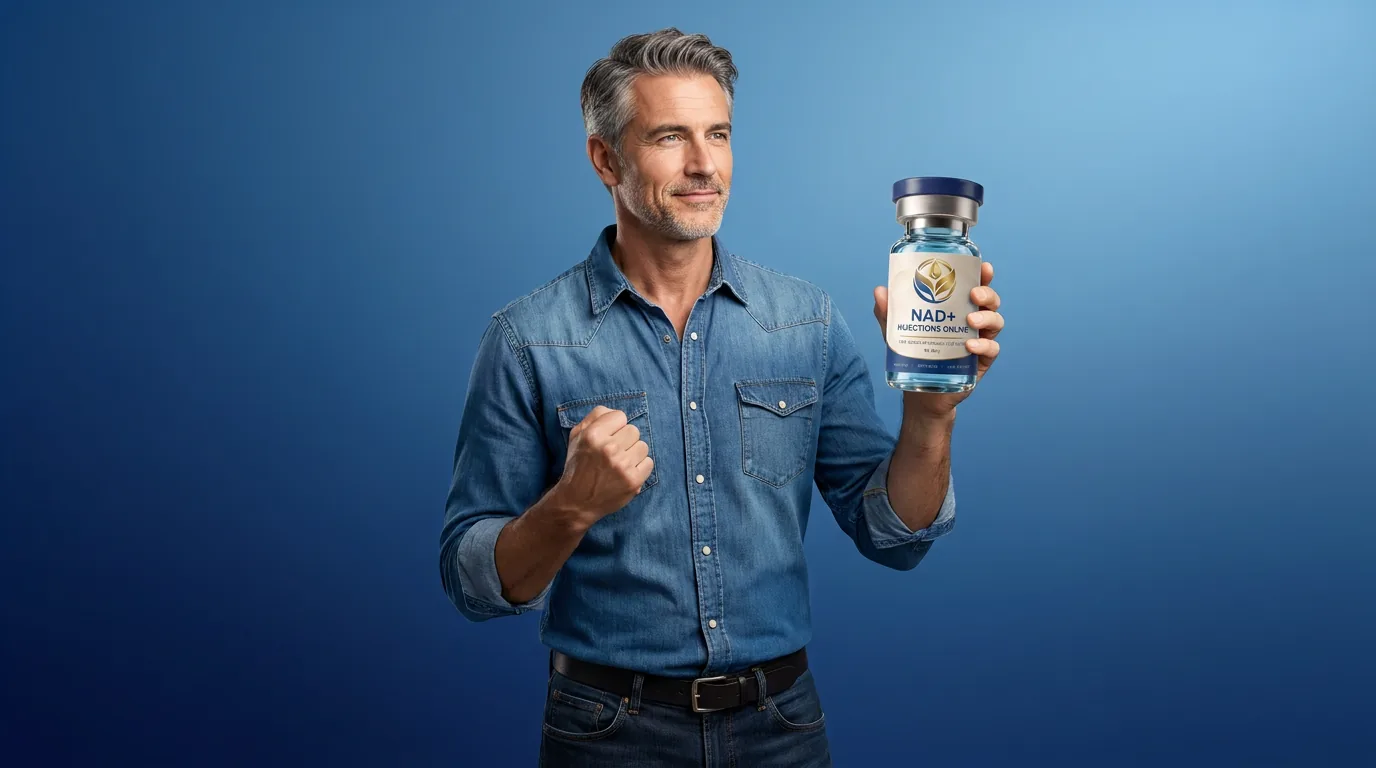 Man holding a vial of injectable NAD+ against a blue studio backdrop