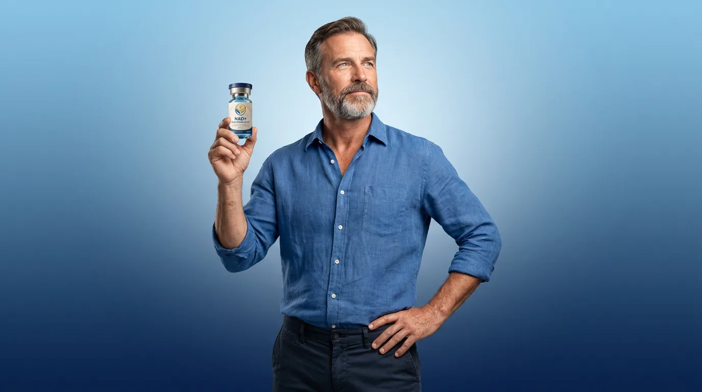 Man holding a vial of injectable NAD+ against a blue studio backdrop