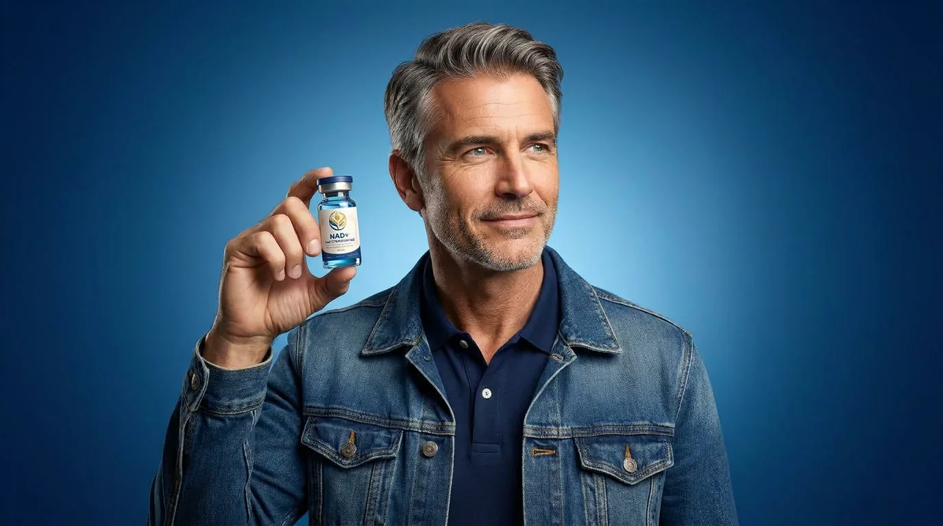 Man holding a vial of injectable NAD+ against a blue studio backdrop