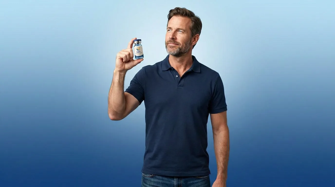 Man holding a vial of injectable NAD+ against a blue studio backdrop