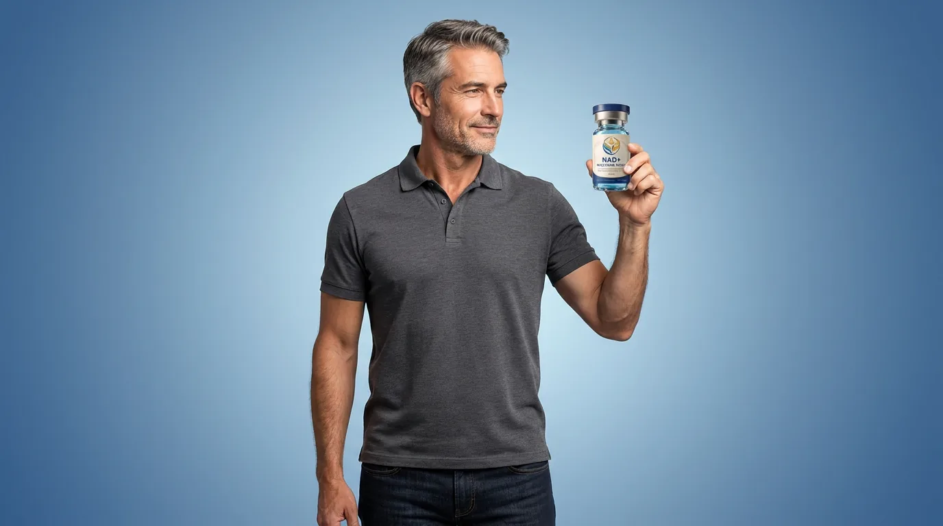 Man holding a vial of injectable NAD+ against a blue studio backdrop