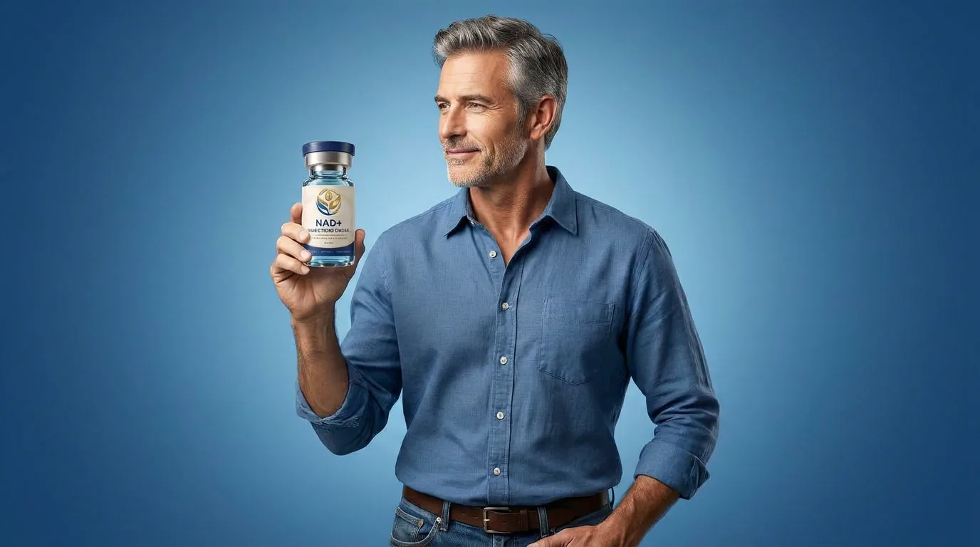 Man holding a vial of injectable NAD+ against a blue studio backdrop