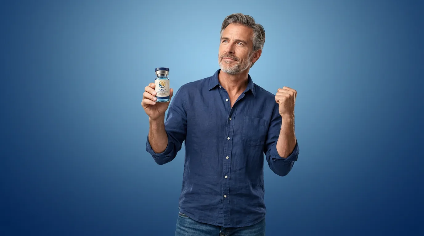 Man holding a vial of injectable NAD+ against a blue studio backdrop
