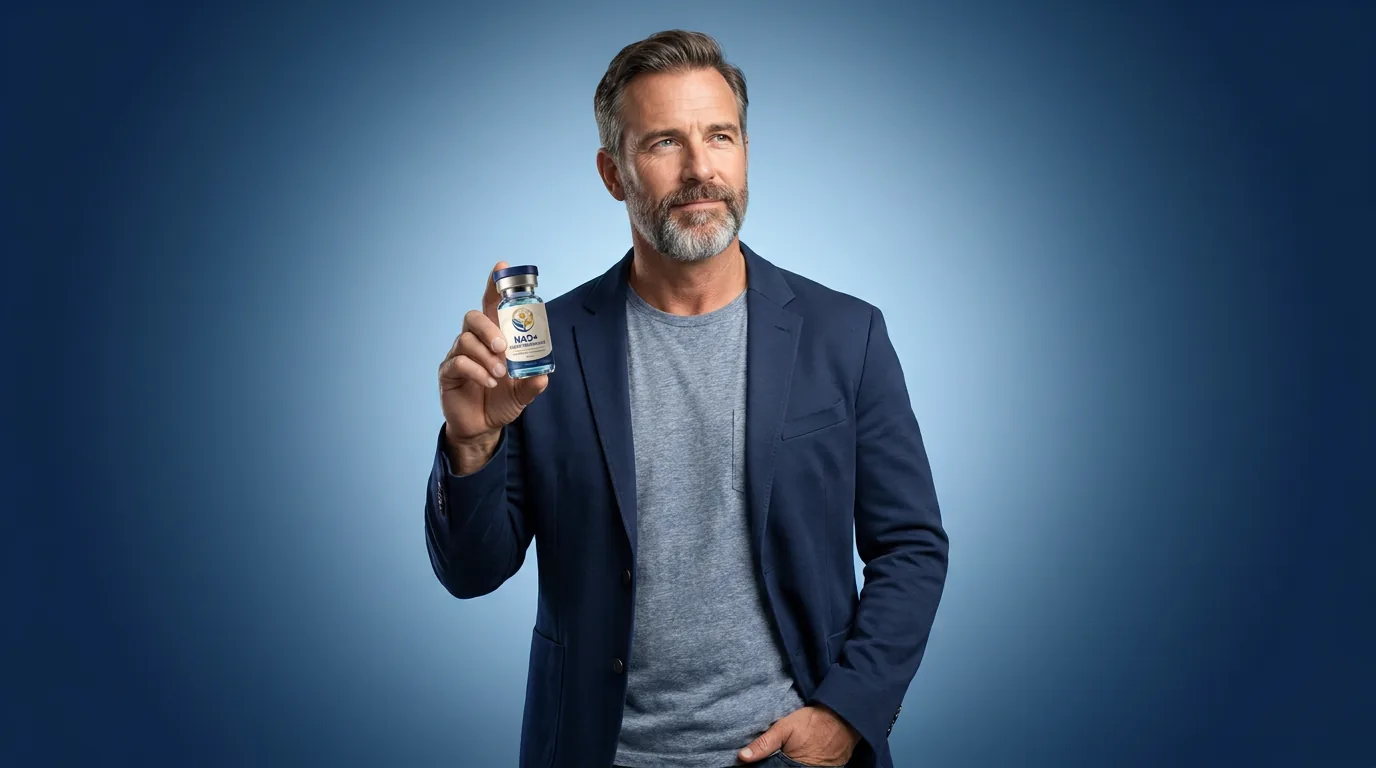 Man holding a vial of injectable NAD+ against a blue studio backdrop