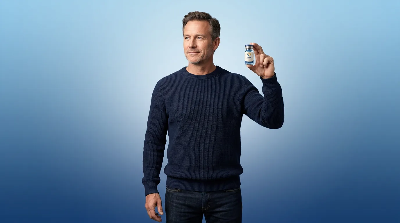 Man holding a vial of injectable NAD+ against a blue studio backdrop