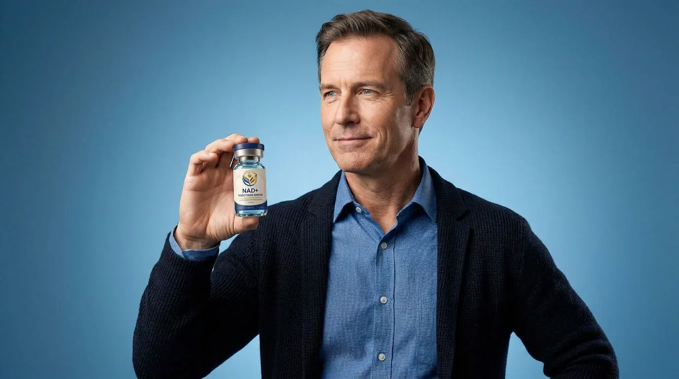 Man holding a vial of injectable NAD+ against a blue studio backdrop