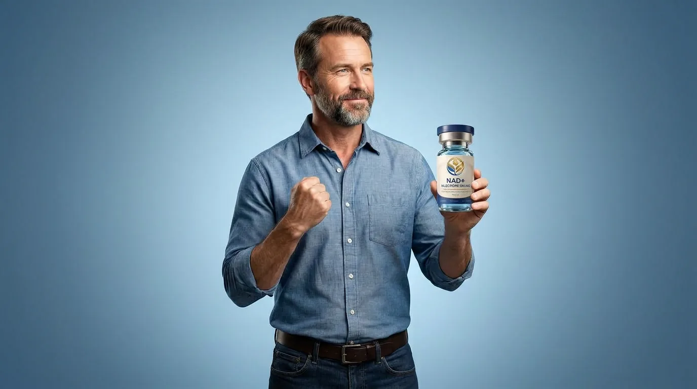 Man holding a vial of injectable NAD+ against a blue studio backdrop