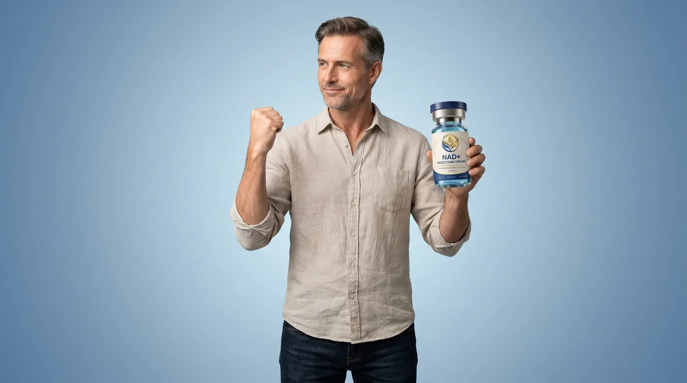 Man holding a vial of injectable NAD+ against a blue studio backdrop