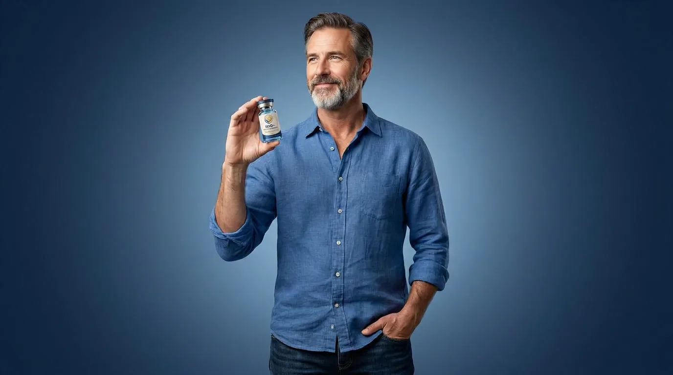 Man holding a vial of injectable NAD+ against a blue studio backdrop