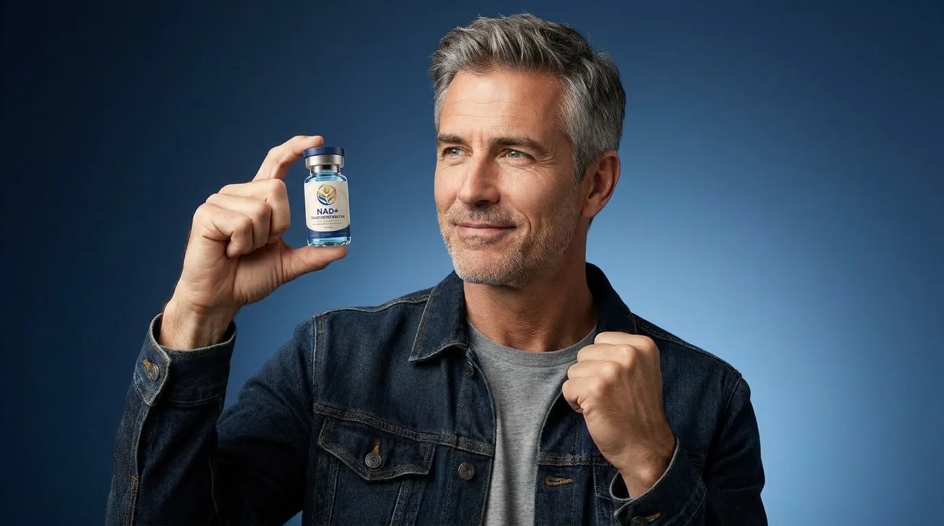 Man holding a vial of injectable NAD+ against a blue studio backdrop