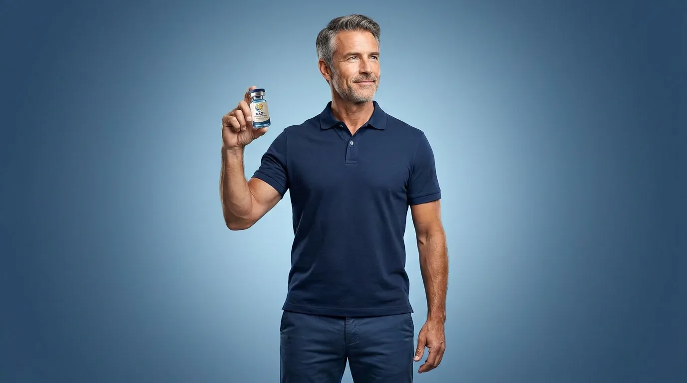 Man holding a vial of injectable NAD+ against a blue studio backdrop