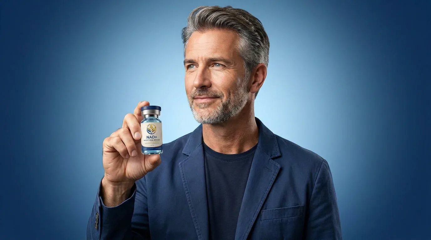 Man holding a vial of injectable NAD+ against a blue studio backdrop