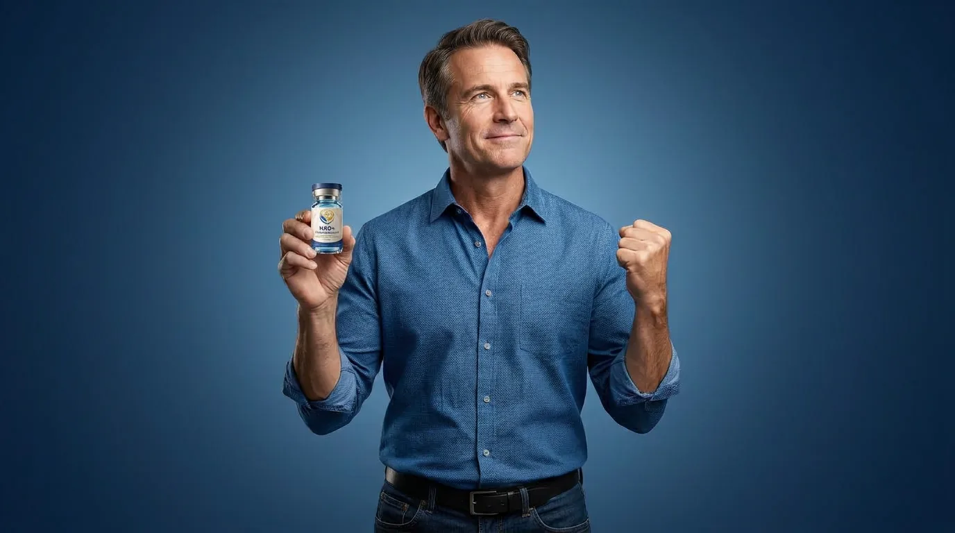 Man holding a vial of injectable NAD+ against a blue studio backdrop