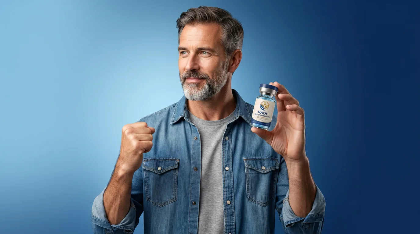 Man holding a vial of injectable NAD+ against a blue studio backdrop