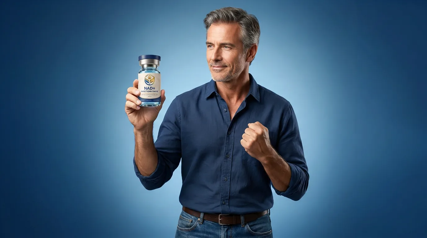 Man holding a vial of injectable NAD+ against a blue studio backdrop