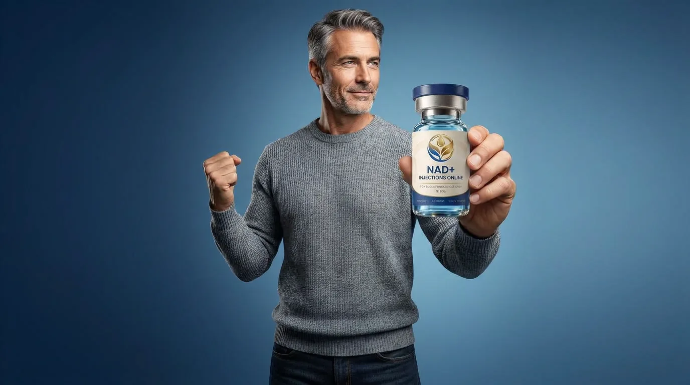 Man holding a vial of injectable NAD+ against a blue studio backdrop
