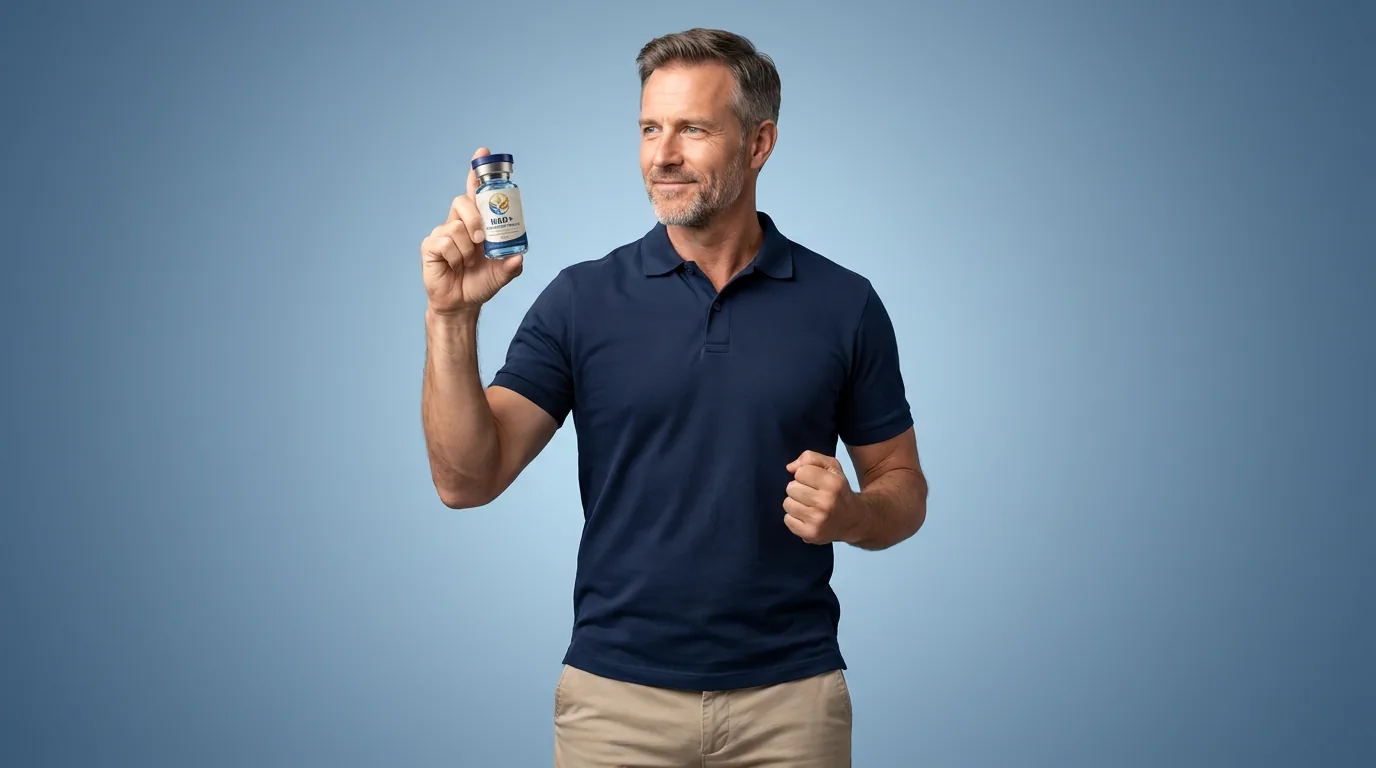 Man holding a vial of injectable NAD+ against a blue studio backdrop