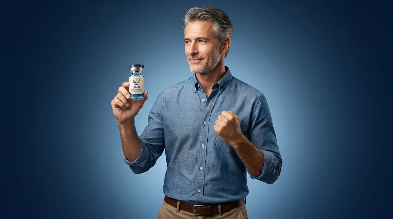 Man holding a vial of injectable NAD+ against a blue studio backdrop