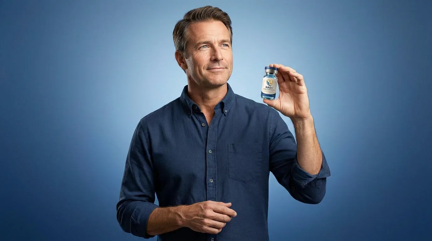 Man holding a vial of injectable NAD+ against a blue studio backdrop