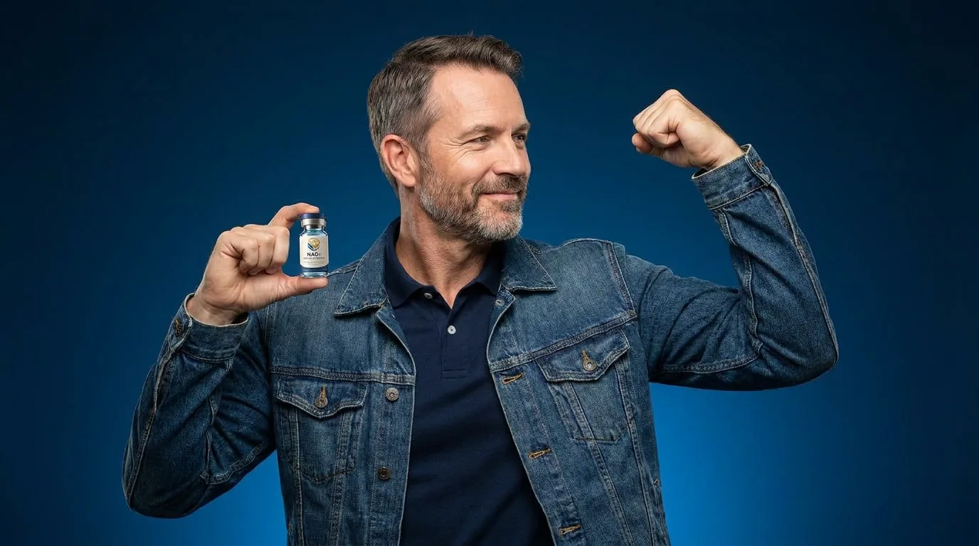 Man holding a vial of injectable NAD+ against a blue studio backdrop