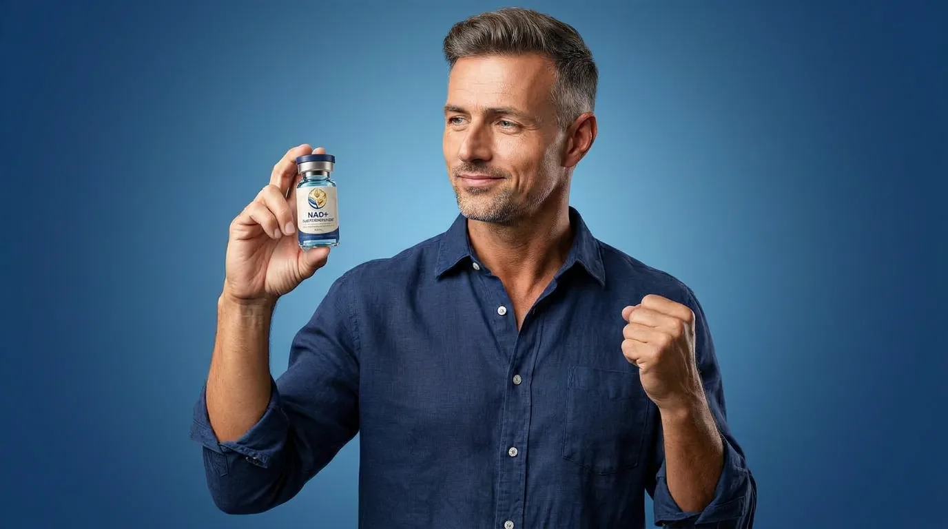 Man holding a vial of injectable NAD+ against a blue studio backdrop