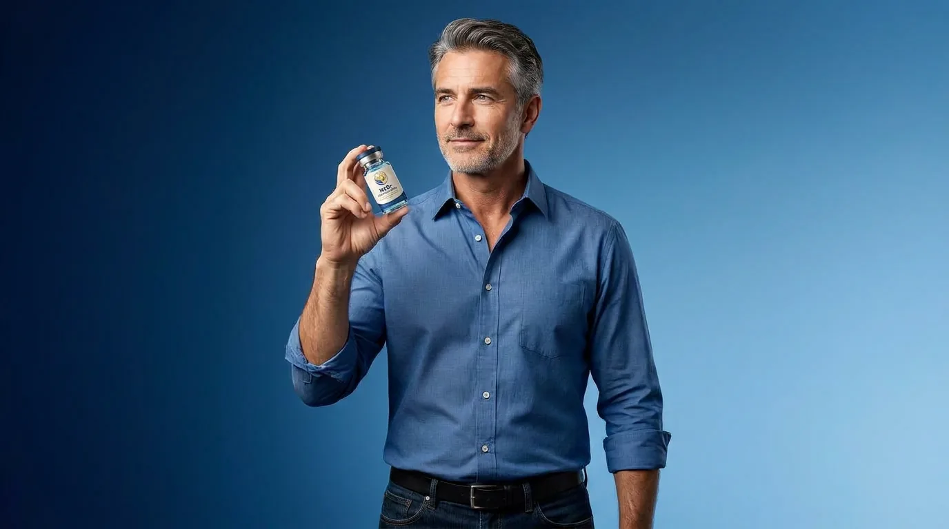 Man holding a vial of injectable NAD+ against a blue studio backdrop