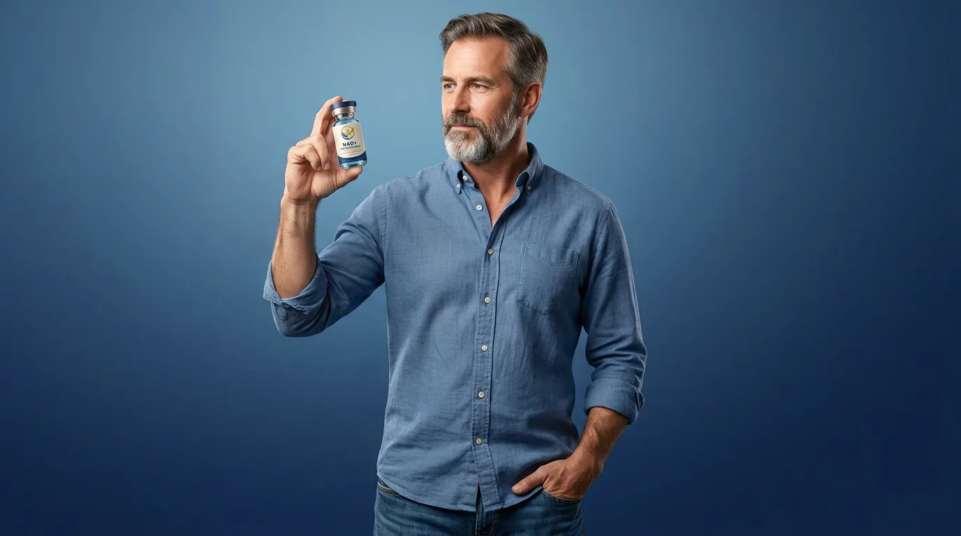 Man holding a vial of injectable NAD+ against a blue studio backdrop