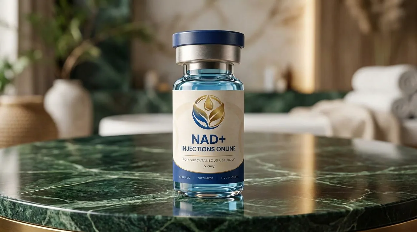 Vial of injectable NAD+ on a marble counter