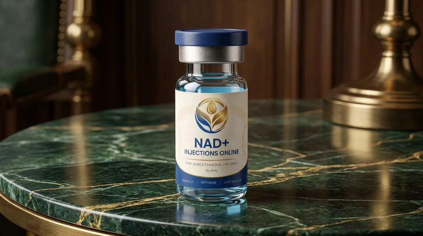 Vial of injectable NAD+ on a marble counter