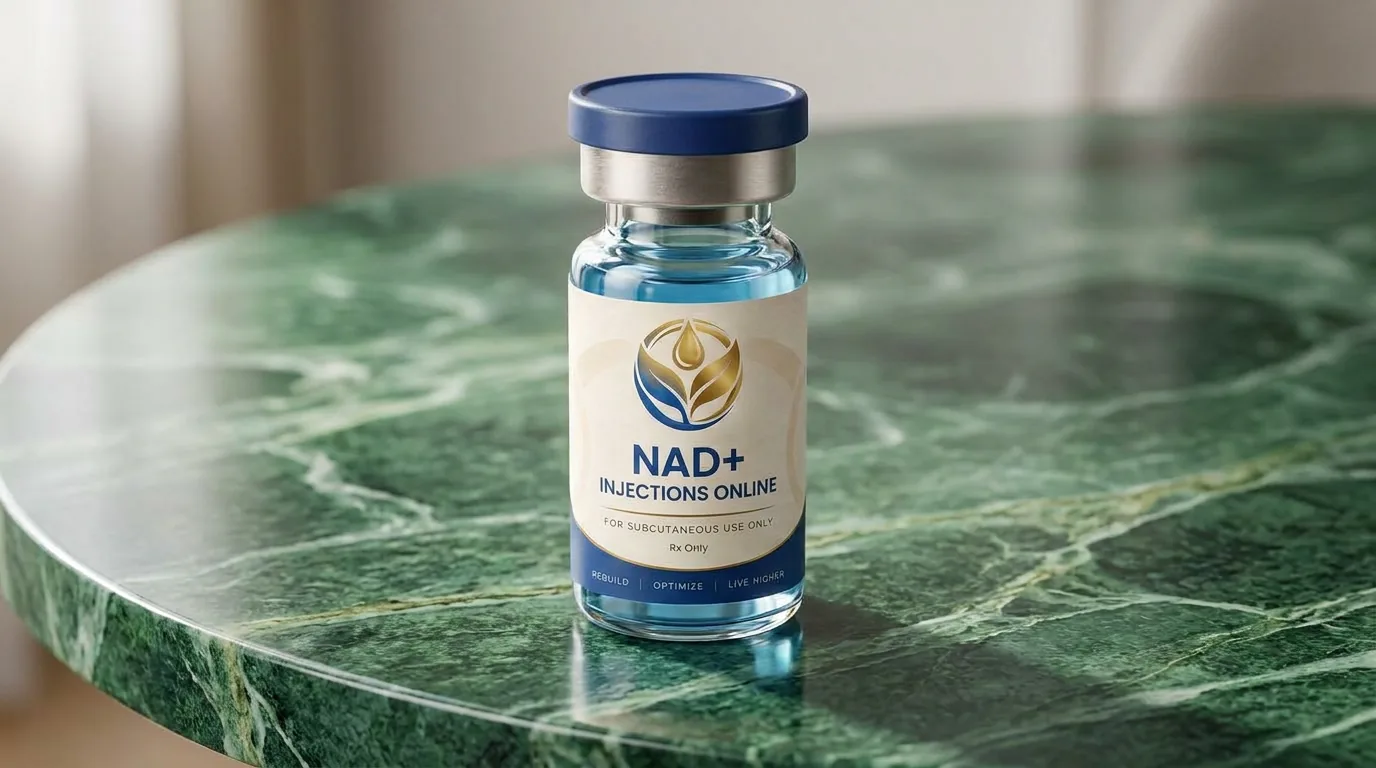 Vial of injectable NAD+ on a marble counter